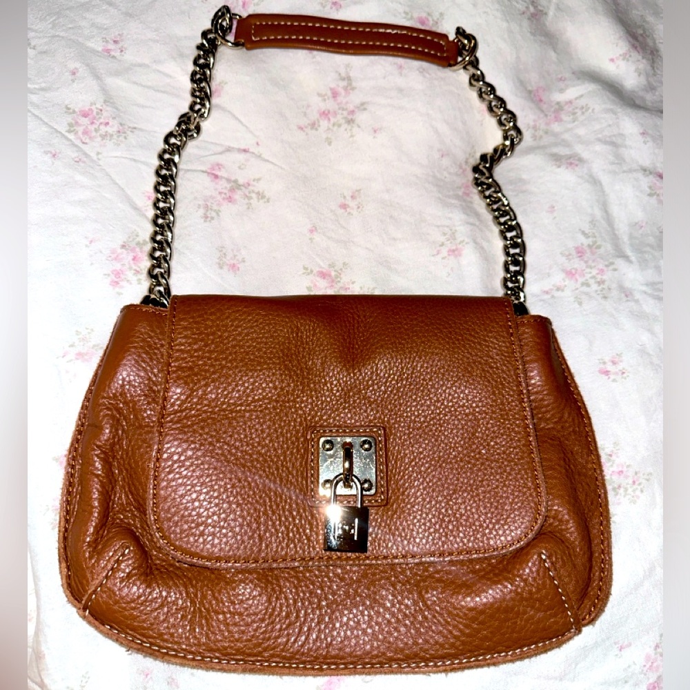 Brown Leather Chain-Strap Wristlet Clutch